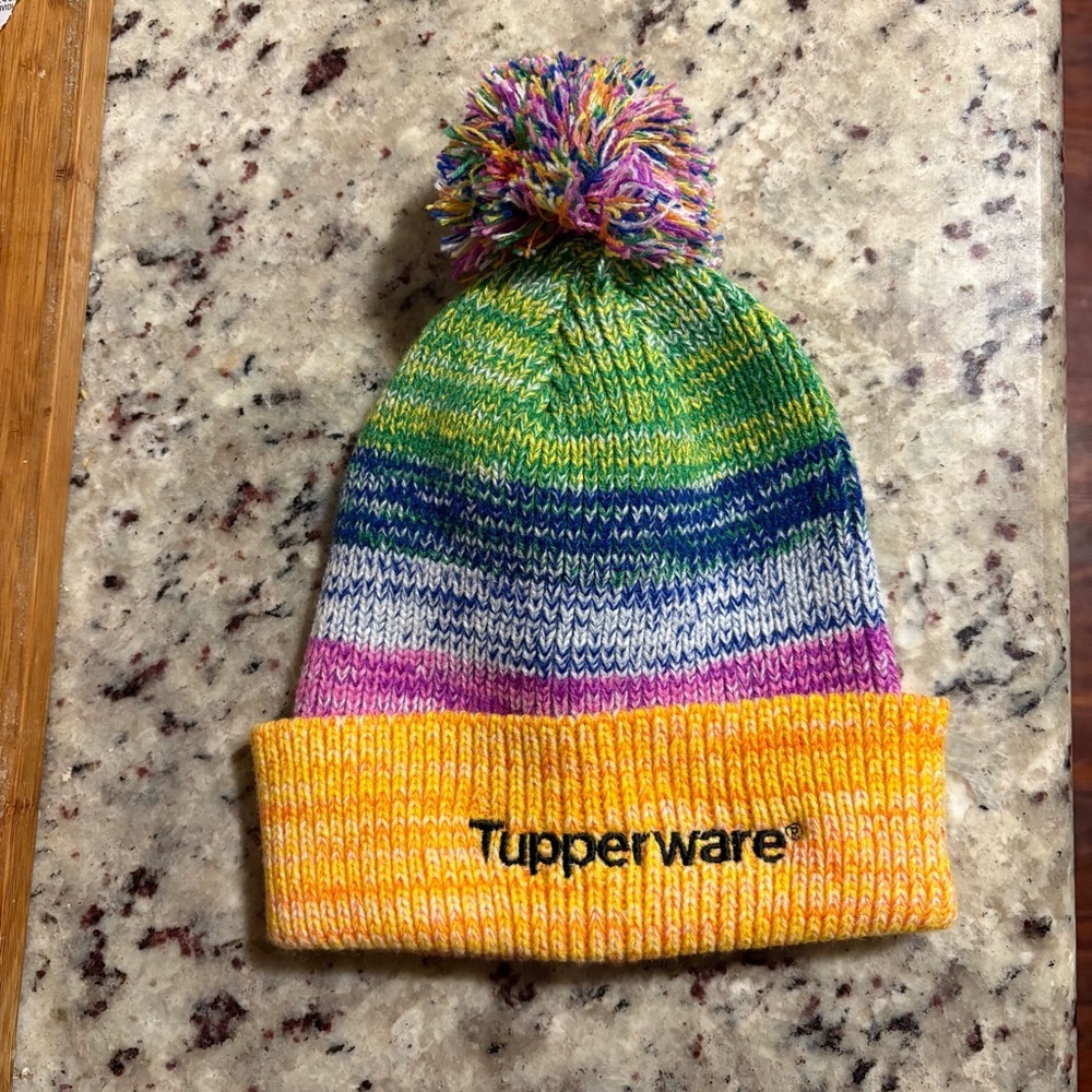 Tupperware Beanie Dealer Stocking Hat Cap Multicolor Pom Pom Women’s One Size